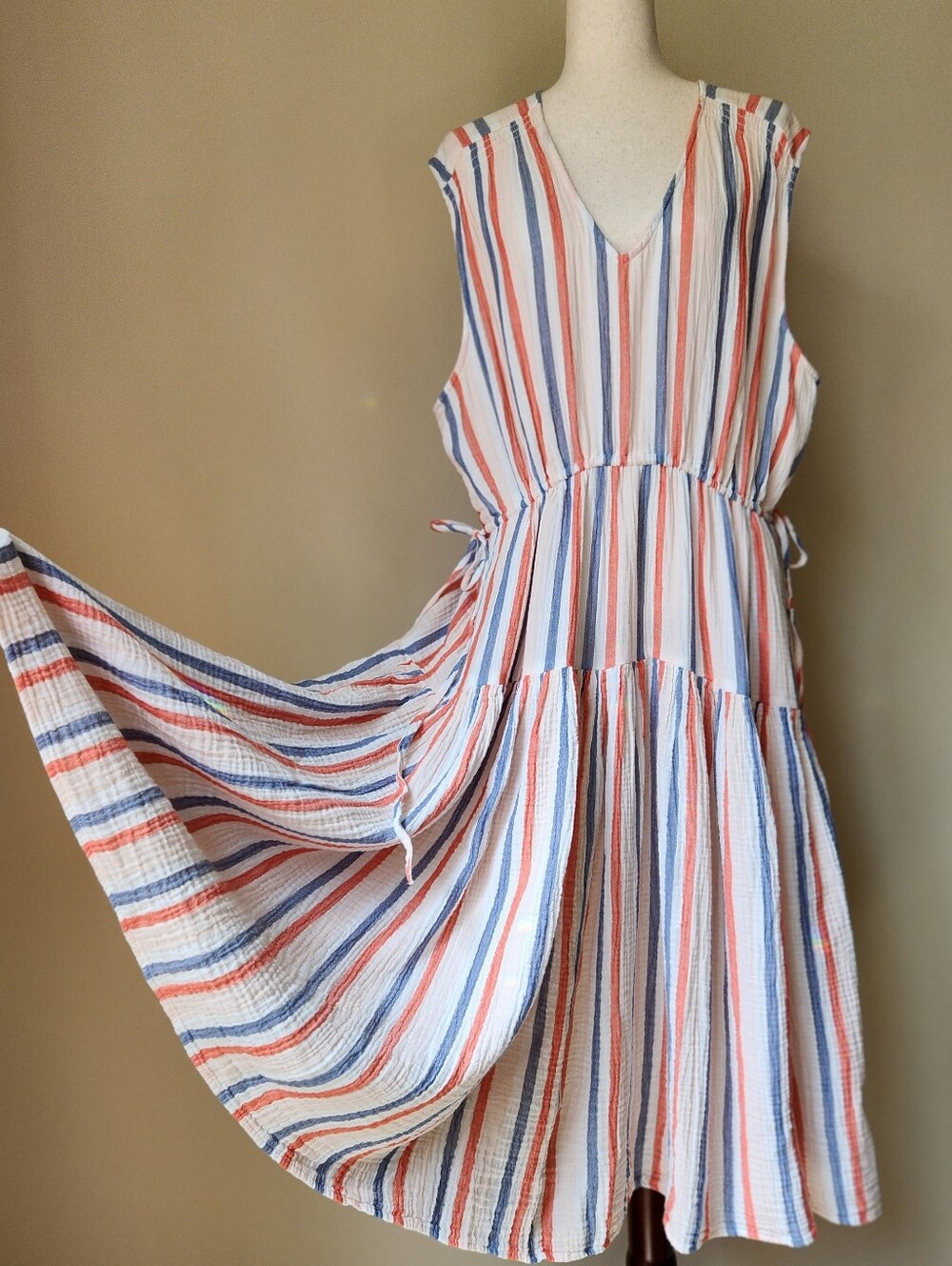 Caslon Striped Cotton Gauze Sleeveless Tiered Midi Dress Plus Size 2X Sundress